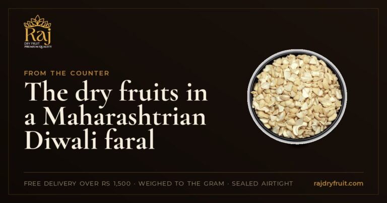 The dry fruits in a Maharashtrian Diwali faral: karanji, chivda, shankarpali and besan laddoo, with quantities for a household batch