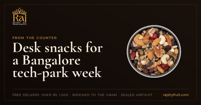 Desk snacks for a Bangalore tech-park week: trail mix, makhana and seeds, portioned day by day